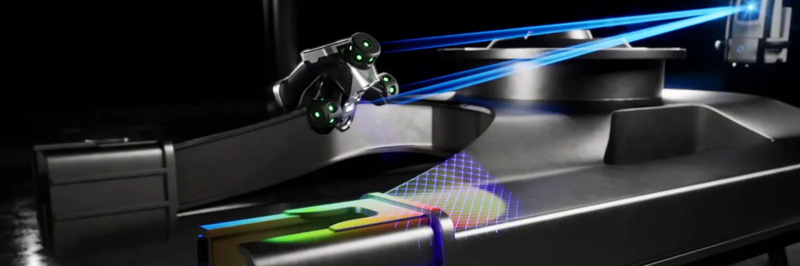 Laser-scanning probe building a colour map of a machined casting