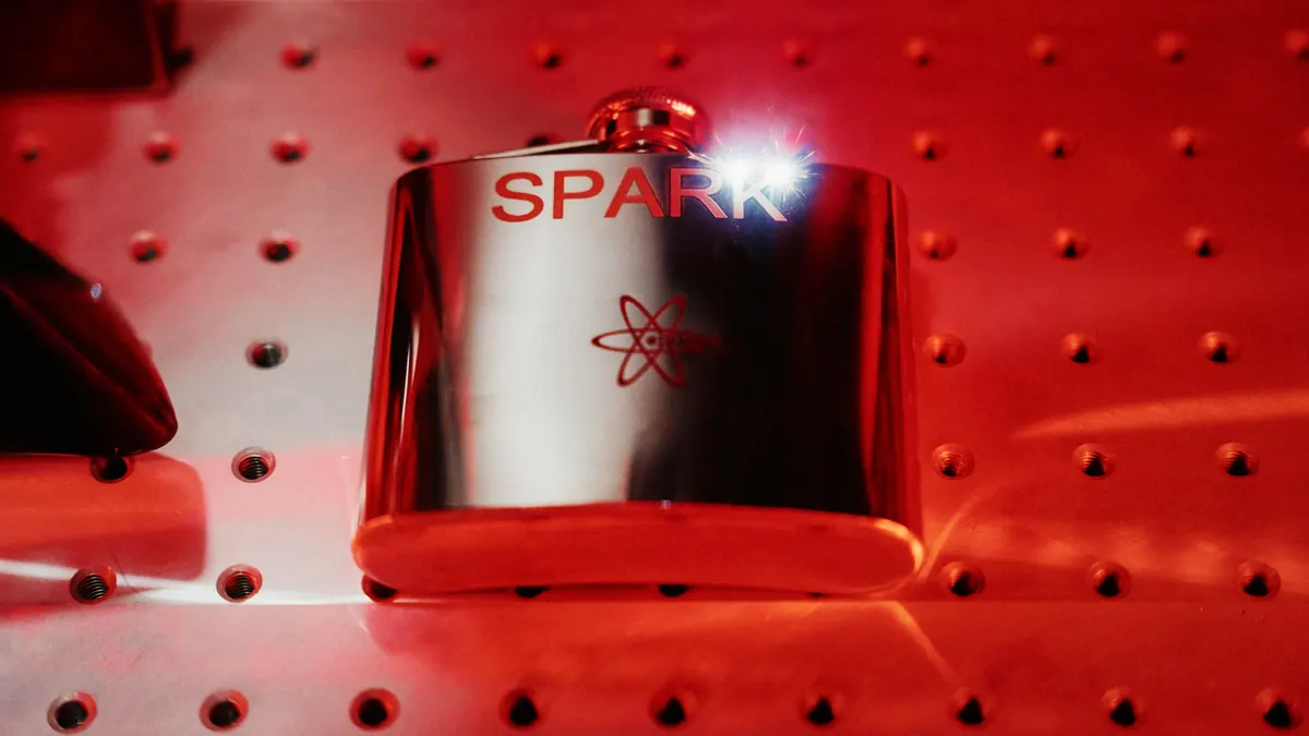 Spark logo laser marked on a stainless steel flask