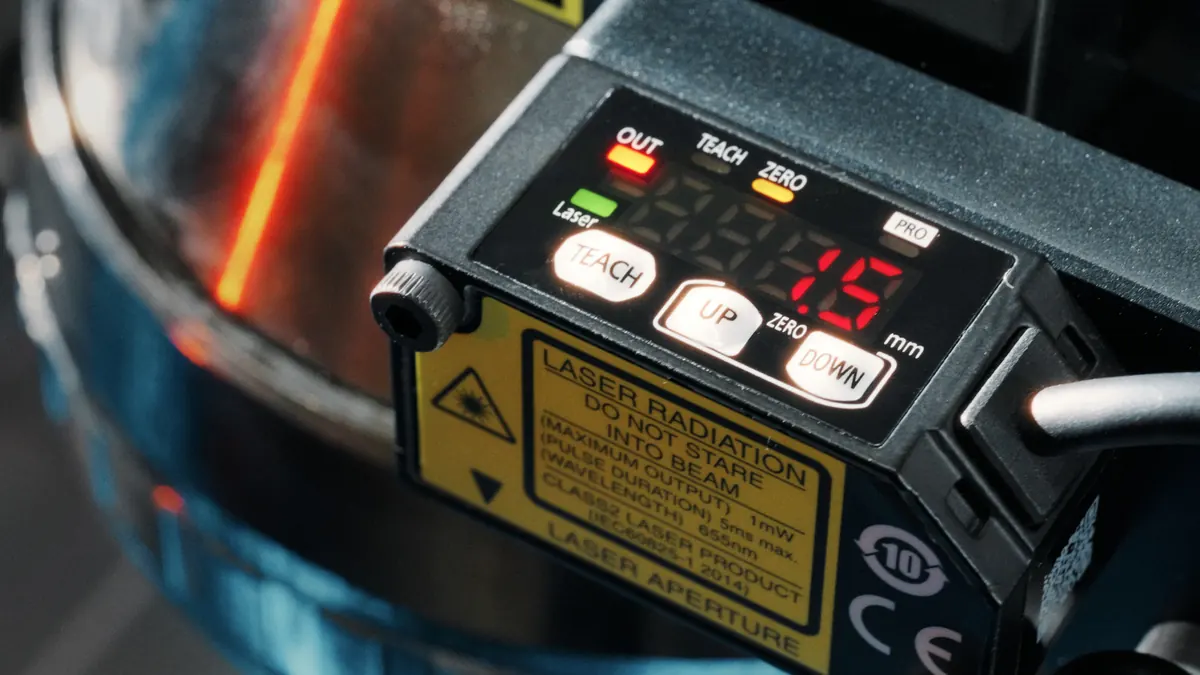 Laser sensor measuring a part inside an automated machine
